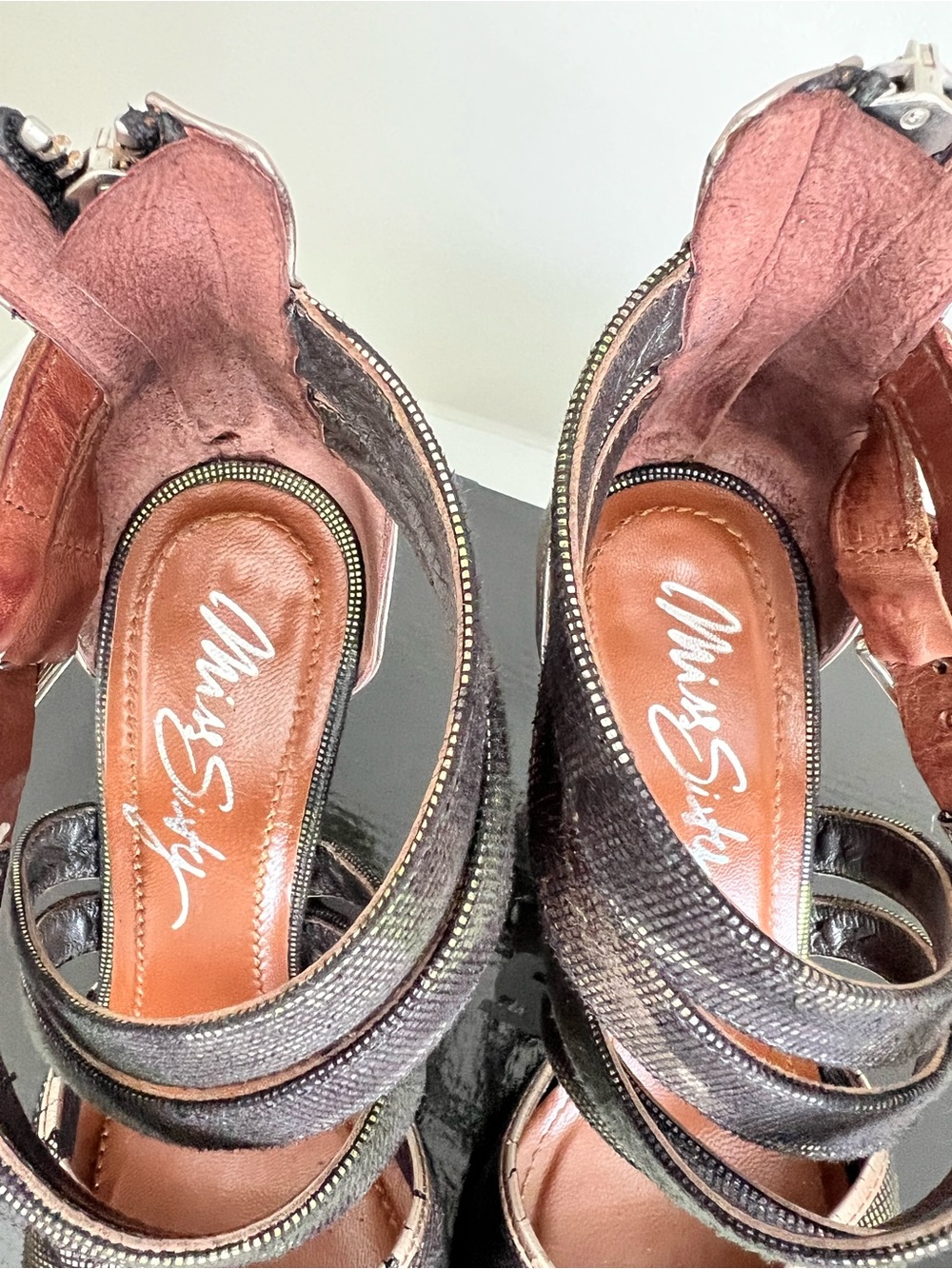 Miss Sixty Iridescent Black Strappy High Heel Sandals with Brown Accents - Picture 3 of 16